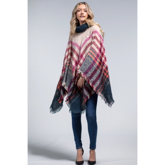 SOLD OUT Kansas Soft Boucle Knit Yarn Dye Plaid Turtleneck Poncho Womens Winter - Picture 5 of 6